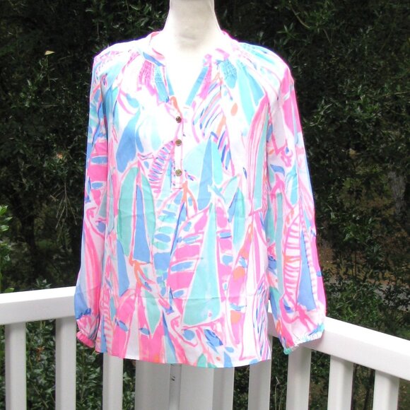 Lilly Pulitzer Elsa Silk long sleeve top Out to See Sailboat XS luxury style - Picture 4 of 8